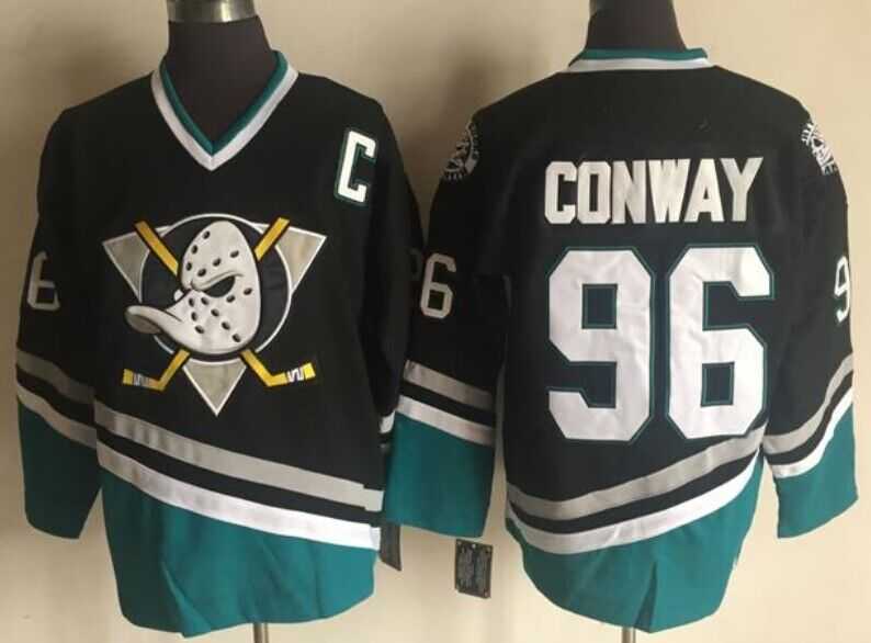 Men%27s Anaheim Ducks #96 Charlie Conway Mighty Ducks Movie Black Green Ice Hockey Jerseys